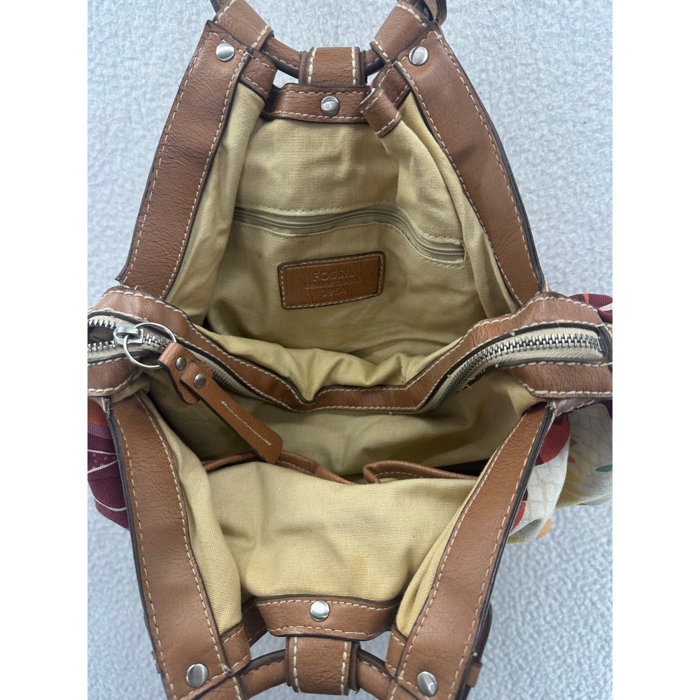 Fossil Floral Print Canvas Handbag Purse Satchel Brown Leather Trim - Picture 12 of 13